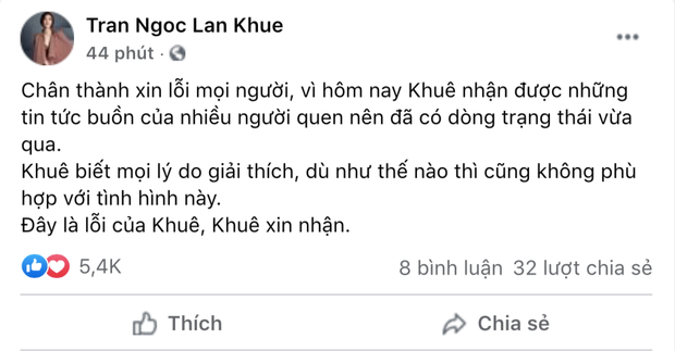 Giữa làn sóng bị lên án, Lan Khuê đã lên tiếng nhận lỗi. Ảnh chụp màn hình