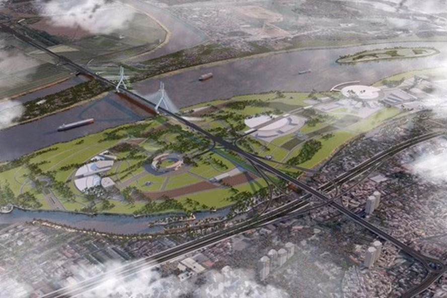 Cầu Tứ Liên là một trong số 18 công trình đường bộ vượt sông Hồng, nằm giữa cầu Long Biên và cầu Nhật Tân. Cầu có tổng mức đầu tư 17.000 tỷ đồng với quy mô 6 làn xe. Ảnh: Tiền phong