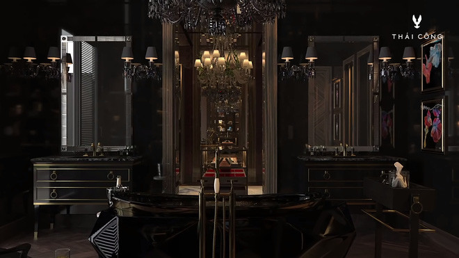 Căn hộ có diện tích 200m2, sử dụng nhiều gam màu tối.