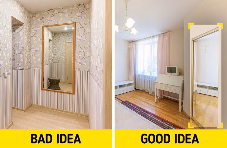 Với không gian hẹp, bạn có thể treo một chiếc gương trên bức tường sẽ giúp căn phòng trông rộng hơn rất nhiều. Tuy nhiên, đừng treo gương nhỏ. Những tấm gương lớn sẽ tạo cảm giác như thể có một căn phòng khác phía sau.