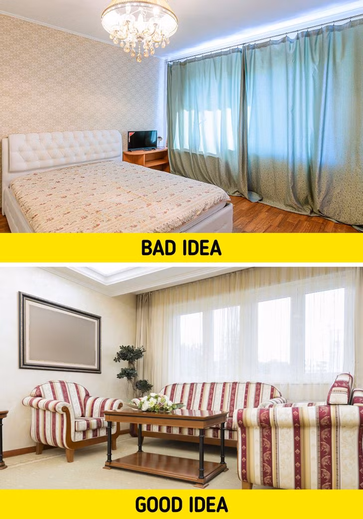 Do đó, thay vì những tấm rèm ngắn, tốt hơn hết bạn nên sử dụng những tấm rèm dài chạm sàn.
