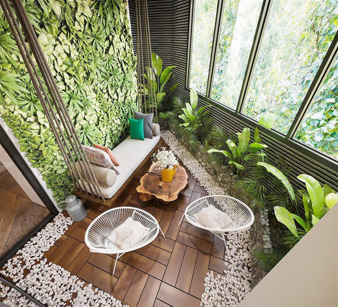 Ở không gian góc, Hồng Đăng bố trí khu vực tiểu cảnh cây xanh. Ảnh: FBNV