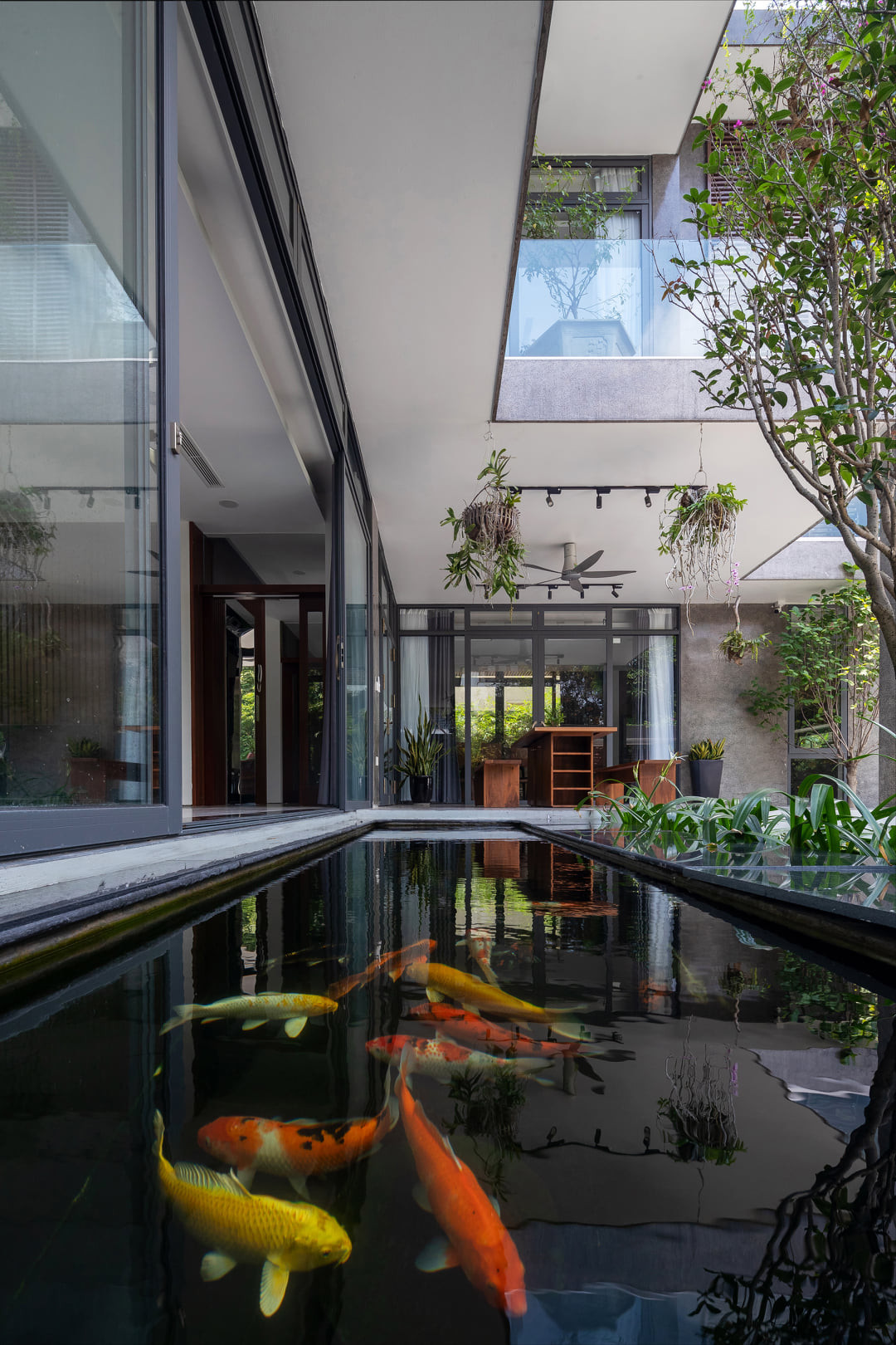 Hồ cá nhỏ vừa tạo cảnh quan sinh động, vừa góp phần điều hòa vi khí hậu giúp không gian luôn thoáng đãng.