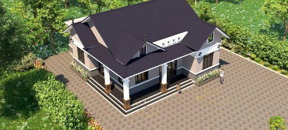 Nhà mái thái 1 tầng sử dụng tông màu trắng chủ đạo kết hợp với tông màu nâu và ngói xám tạo nên sự thoải mái. Nhà gồm 4 phòng ngủ, 1 phòng khách, 1 phòng bếp và 1 phòng vệ sinh tách biệt. Ảnh: Thietkethicongnhadep.