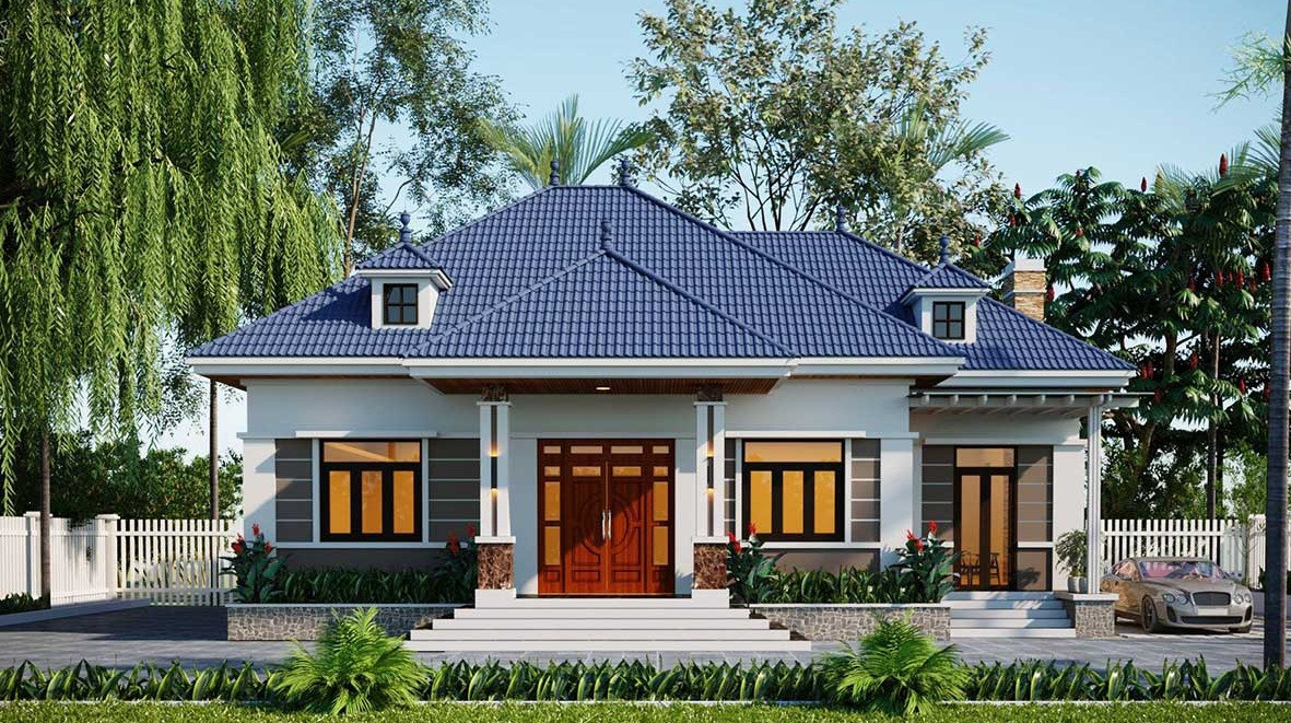 Nhà vườn 1 tầng được chia làm 2 khối với nhà chính và nhà phụ được thiết kế liền kề nhau. Khối nhà chính thiết kế theo kiểu đối xứng, đây là kiểu thiết kế rất quen thuộc của vùng nông thôn. Ảnh: Thietkethicongnhadep.