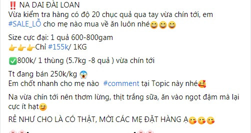 Theo cô Giang, gần đây, na dai Đài Loan được bán nhiều trên chợ mạng, với giá rẻ hơn tại các cửa hàng hoa quả nhập khẩu, dao động từ 155.000 - 250.000 đồng/kg. Ảnh: Facebook.
