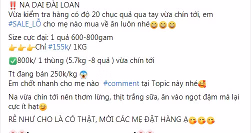 Theo cô Giang, gần đây, na dai Đài Loan được bán nhiều trên chợ mạng, với giá rẻ hơn tại các cửa hàng hoa quả nhập khẩu, dao động từ 155.000 - 250.000 đồng/kg. Ảnh: Facebook.