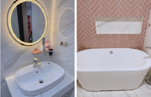 Nhà tắm sạch sẽ, rộng rãi. Đội trưởng đội tuyển Việt Nam còn sắm riêng cho con gái 1 chiếc bồn tắm. Ảnh: Teb Trần TV