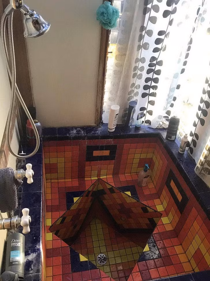 Sàn nhà tắm với phong cách ảo ảnh thị giác không gian.