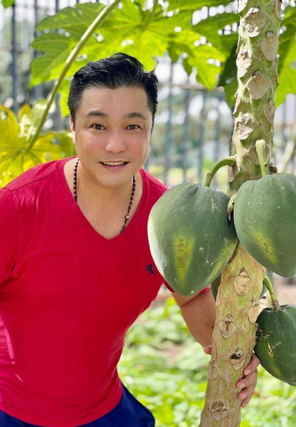 Nam tài tử khoe cây đu đủ trồng đã cho trái. Ảnh: FBNV