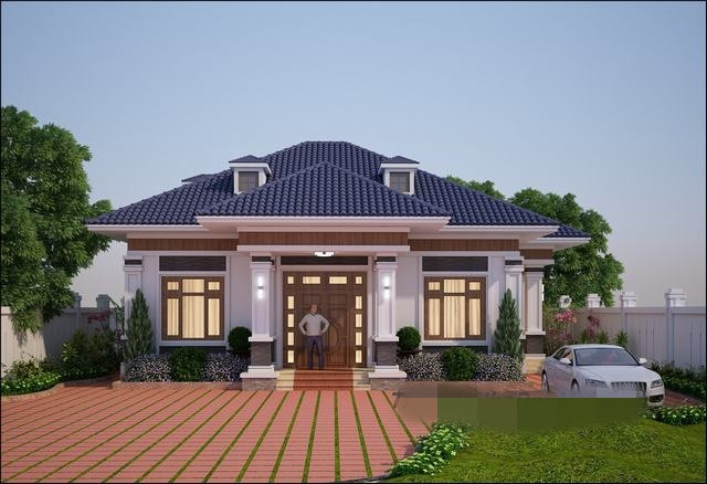 Thiết kế nhà vườn 1 tầng mái thái có 1 phòng thờ 4 phòng ngủ. Ảnh: Thietkenhadepmoi