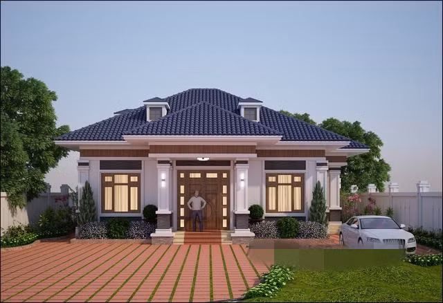 Thiết kế nhà vườn 1 tầng mái thái có 1 phòng thờ 4 phòng ngủ. Ảnh: Thietkenhadepmoi