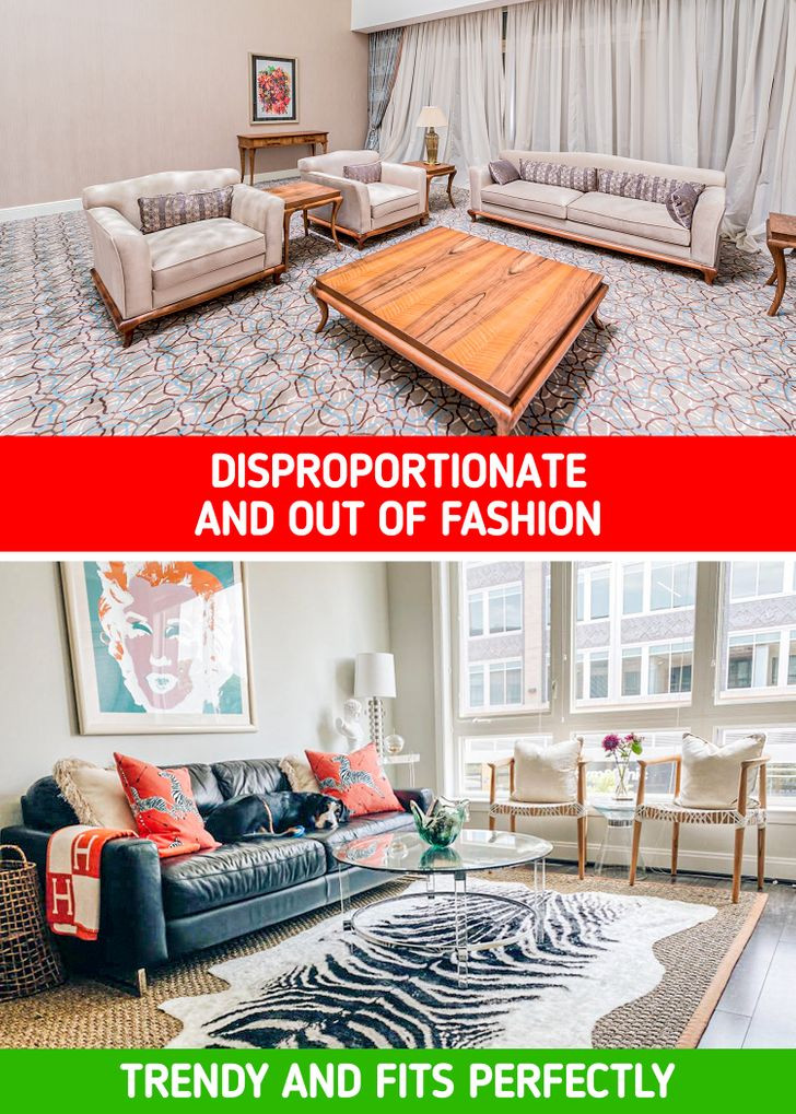 Hãy nói không với tấm thảm dính trên sàn nhà hoặc tấm thảm cũ, bẩn đi kèm với ngôi nhà mới. Thảm phải luôn được thiết kế theo bố cục của khu vực bạn muốn đặt chúng.