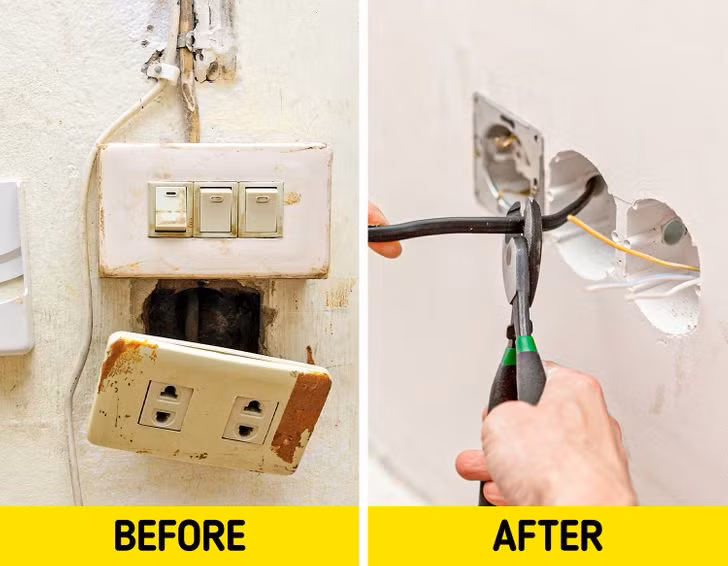 Các vết bẩn trên tường, vết nứt, dây điện lỏng lẻo, ổ cắm bị hỏng...không chỉ gây nguy hiểm mà còn khiến ngôi nhà giống như một công trường xây dựng. Do đó, hãy xem xét cải tạo lại trong ngân sách của gia đình.