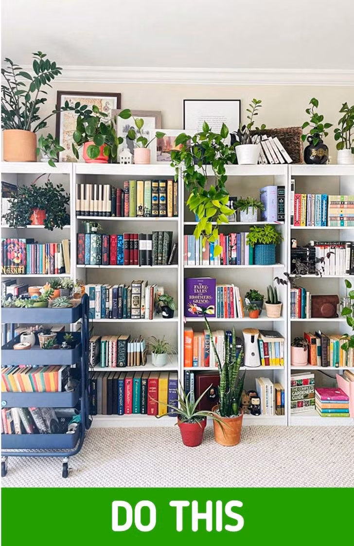 Giá sách bằng gỗ tối màu cộng với việc đặt quá nhiều sách khiến nó giống như một chiếc tủ đựng quần áo cũ. Theo các chuyên gia thiếu kế, hãy lựa chọn những cuốn sách yêu thích và mạnh dạn loại bỏ những thứ bạn không bao giờ ngó tới. Thay vào đó là những chậu cây cảnh rực rỡ.