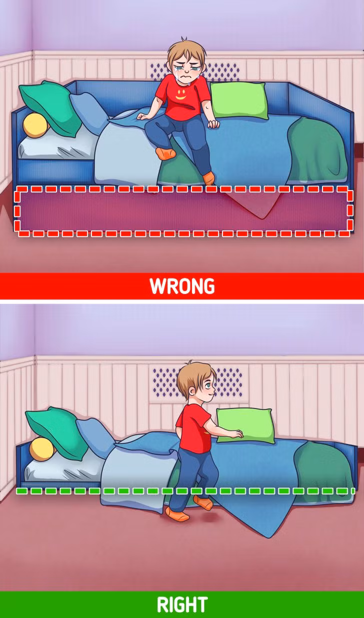 Giường cho trẻ em nên được bố trí sao cho trẻ có thể trèo lên và trèo ra khỏi giường mà không cần sự trợ giúp của người lớn. Nó không chỉ an toàn mà còn là cách sắp xếp phòng trẻ phù hợp để giúp chúng tự lập hơn.