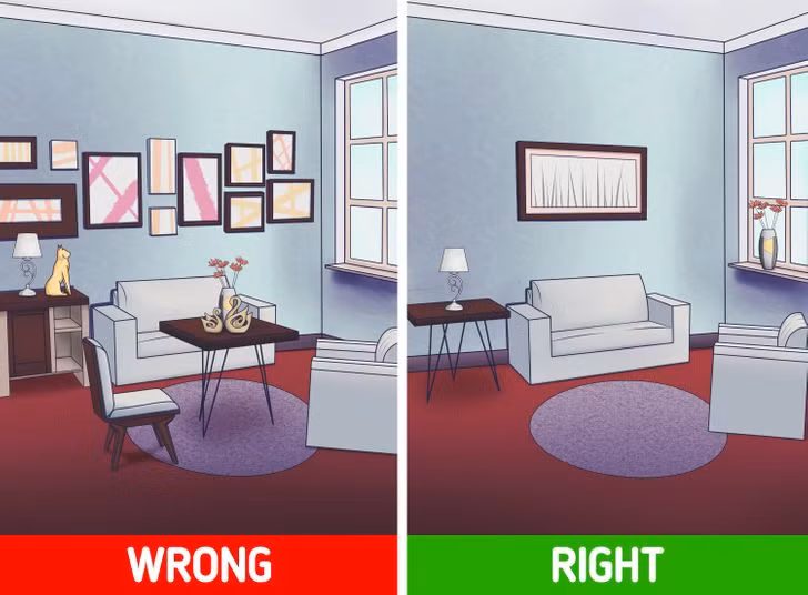 Không ít gia đình mua nhiều đồ nội thất nhỏ hoặc phụ kiện trang trí thay vì đầu tư vào món đồ lớn như sofa đẹp hay tác phẩm nghệ thuật tuyệt vời. Thực tế, những món đồ ấy chỉ gây tốn kém và khiến không gian thêm lộn xộn.