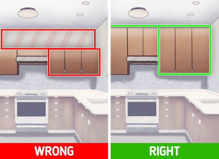 Trong căn bếp nhỏ, mọi không gian đều có giá trị và những bức tường là không gian lưu trữ quý giá. Đừng quên đặt tủ lên sát trần nhà. Đây là một giải pháp tốt để tối đa hóa khả năng lưu trữ.