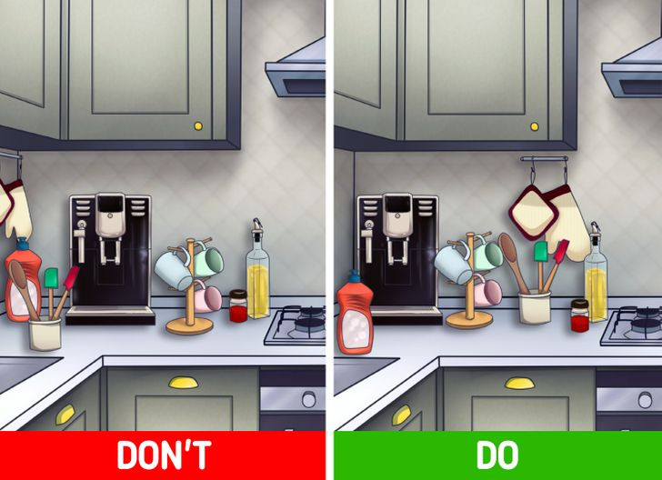 Các vật dụng trong nhà bếp vứt lộn xộn chắc chắn sẽ ảnh hưởng đến quá trình nấu nướng. Để tránh những yếu tố gây phiền nhiễu này, nên lập bản đồ các thiết bị nhà bếp đặt chúng ở nơi phù hợp với thói quen nấu nướng.