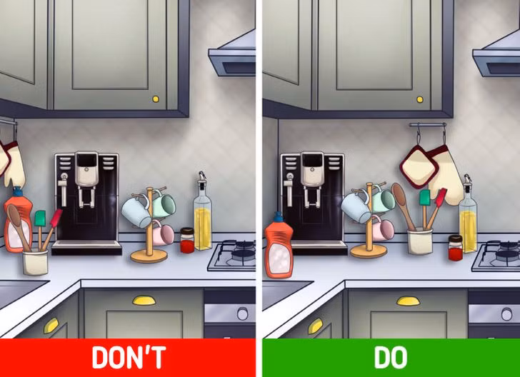 Các vật dụng trong nhà bếp vứt lộn xộn chắc chắn sẽ ảnh hưởng đến quá trình nấu nướng. Để tránh những yếu tố gây phiền nhiễu này, nên lập bản đồ các thiết bị nhà bếp đặt chúng ở nơi phù hợp với thói quen nấu nướng.