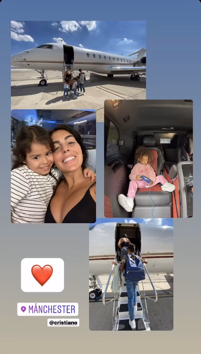 Khuya ngày 3/9 (giờ Việt Nam), Georgina Rodriguez - bạn gái của Ronaldo đăng tải hình ảnh sau khi hạ cánh xuống Manchester cùng các con. Đáng chú ý, bạn gái Ronaldo sử dụng chiếc máy bay cá nhân Bombardier Global 5000 thay cho chiếc Gulfstream G200 thường dùng. Ảnh chụp màn hình