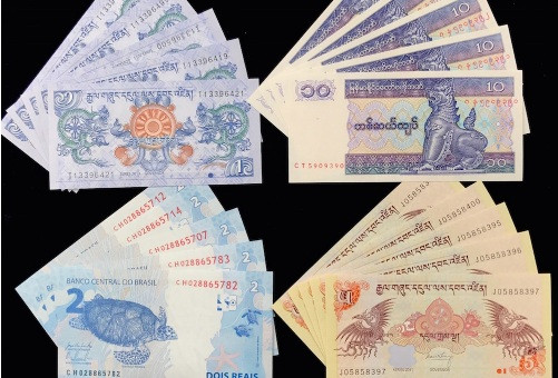 Bộ tiền tứ linh “Long Lân Quy Phụng” gồm 4 tờ tiền thật đang lưu hành tại các nước Buhtan, Myanmar và Brazil cũng được dân chơi săn tìm. Bộ tiền tứ linh tượng trưng cho 4 linh Vật có ý nghĩa cầu chúc sự may mắn trong năm mới. Ảnh: Dichvudoitien.