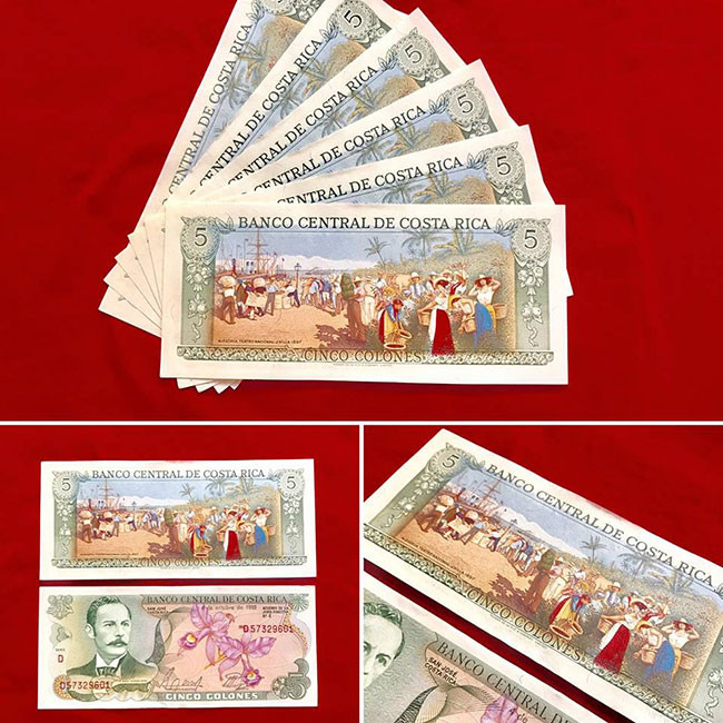 Tờ 5 đồng của Costa Rica với mặt sau là hình ảnh buổi họp chợ sinh động được nhiều người kinh doanh tìm mua với hi vọng “mua may bán đắt”. Ảnh: Muabantien.