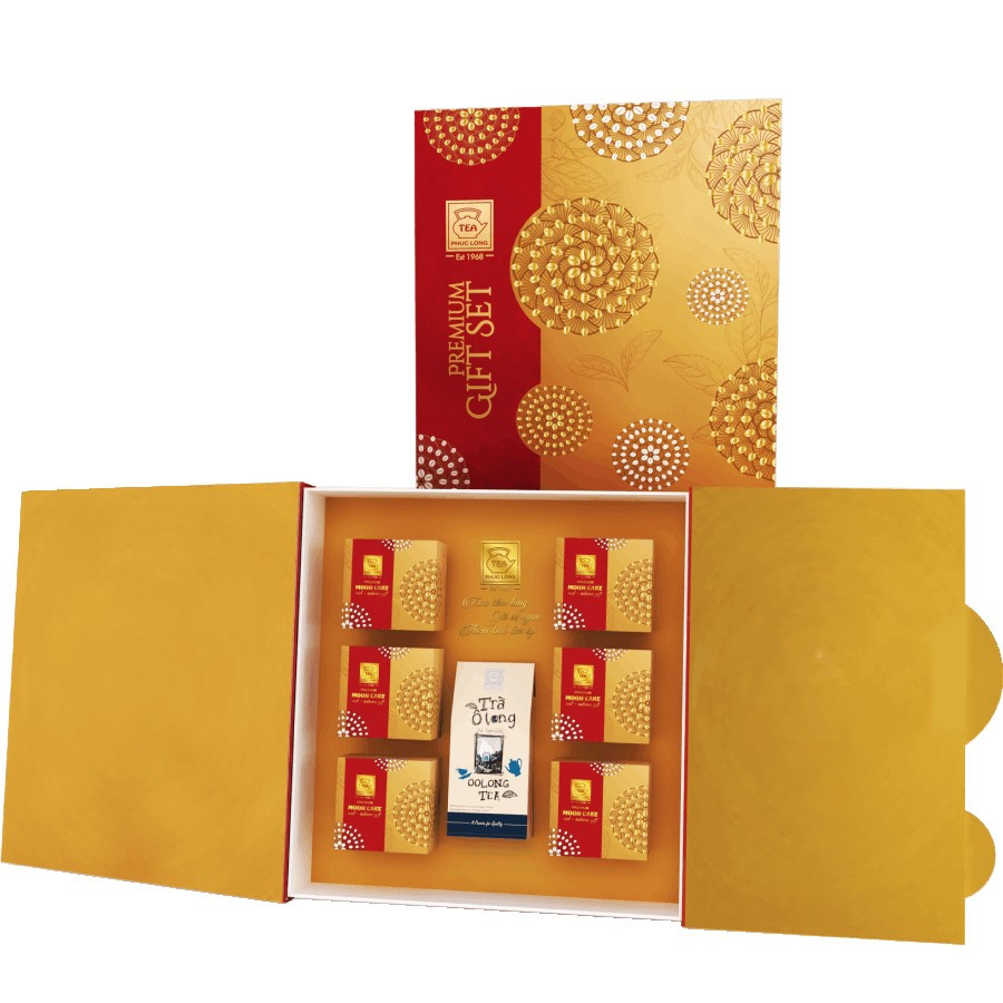  Hộp bánh Trung Thu gồm các vị bánh Thập cẩm, Cà phê, Hạt sen trà xanh, Khoai môn, Đậu xanh, Mè đen và 1 hộp trà ô long cao cấp. Ảnh: Phuclong