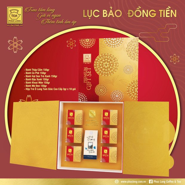 Trong đó, hộp “Lục Bảo Đồng Tiền” đắt nhất được thiết kế với màu sắc vàng đỏ, kết hợp cùng hoa văn đồng tiền cách điệu từ hạt cà phê dập nổi ép nhũ kim sang trọng tượng trưng cho sự ấm áp, sum vầy. Ảnh: Phuclong