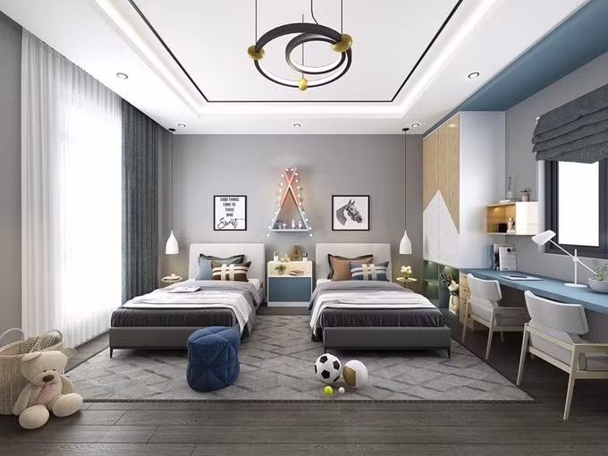  Phòng ngủ thiết kế tối giản của hai con trai nhà Lê Hoàng (The Men) bố trí nhiều đồ chơi, thiết bị học tập. Nguồn ảnh: FBNV