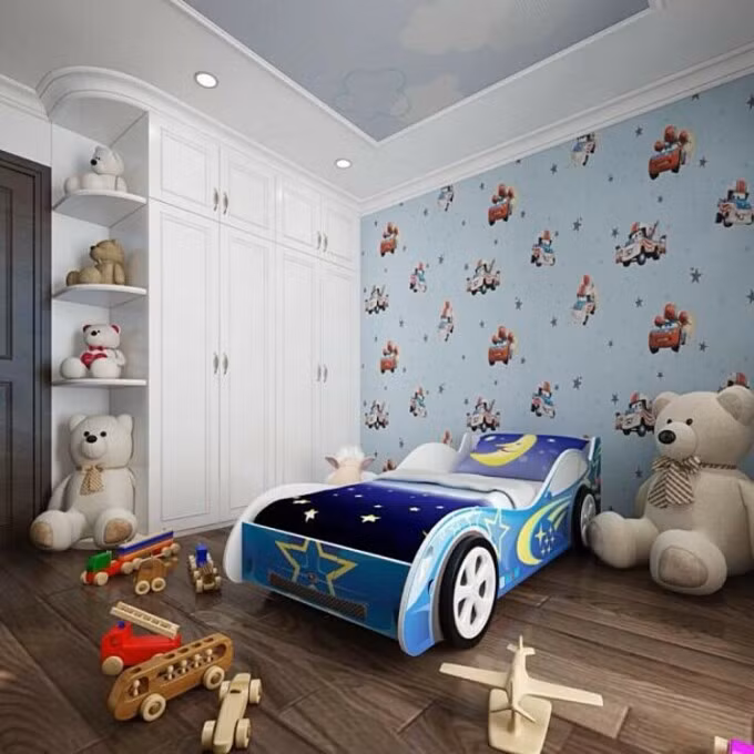 Trong căn hộ giá gần 10 tỷ đồng, Phi Thanh Vân chuẩn bị cho con trai một phòng riêng rộng rãi. Căn phòng sử dụng gam màu xanh chủ đạo, được trang trí bằng nhiều đồ chơi đẹp mắt.