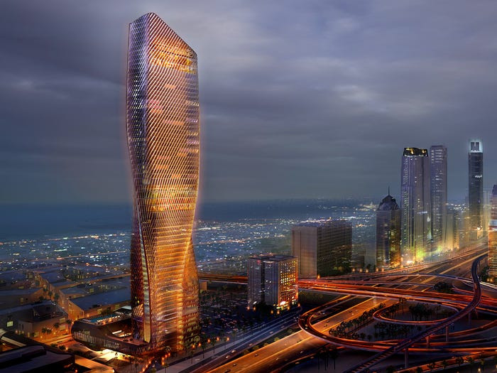 Mặt tiền uốn lượn của tòa nhà chọc trời sẽ bao gồm các cánh tản nhiệt bằng gốm được chiếu sáng bằng hệ thống ánh sáng xung động để tạo ấn tượng rằng tòa nhà "thở" cùng nhịp sống của thành phố. Ảnh: Business Insider