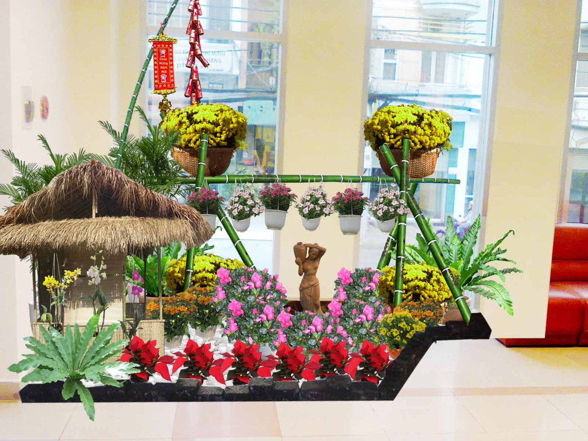 Đối với ngôi nhà rộng rãi có thể thiết kế riêng khu vực tiểu cảnh tết để tạo nên điểm nhấn cho những ngày đầu năm mới.