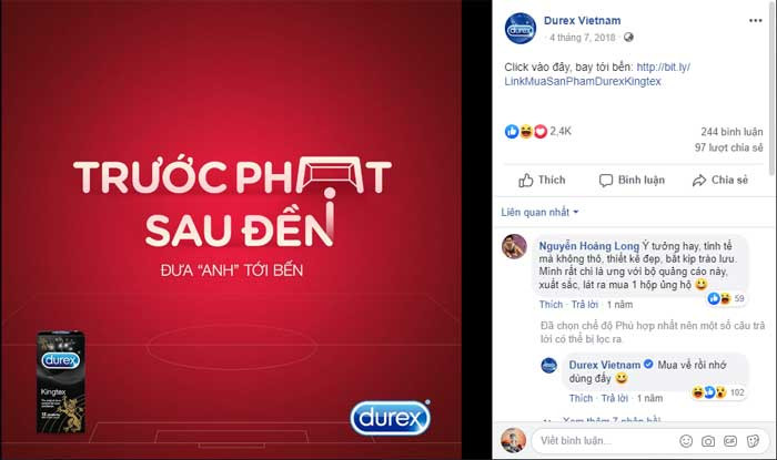 Lấy cảm hứng từ tình huống phạt đền của Harry Kane đội tuyển Anh, Durex Việt Nam được dịp sáng tạo khi mà chính tình huống này đã đưa 2 đội vào chấm luân lưu nhằm phân định thắng thua. Cuối cùng tuyển Anh cũng có dịp "tới bến" khi dành chiến thắng chung cuộc. Ảnh: Internet.
