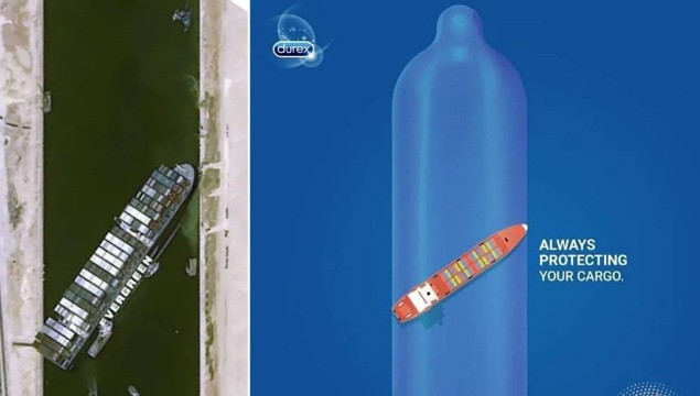 Với hình minh họa gần giống thực tế pha "tắc đường" trên kênh Suez và chú thích: "Hãy luôn bảo vệ hàng của bạn", Durex khiến nhiều người phải trầm trồ về khả năng sáng tạo nội dung của mình. Ảnh: 2dep.