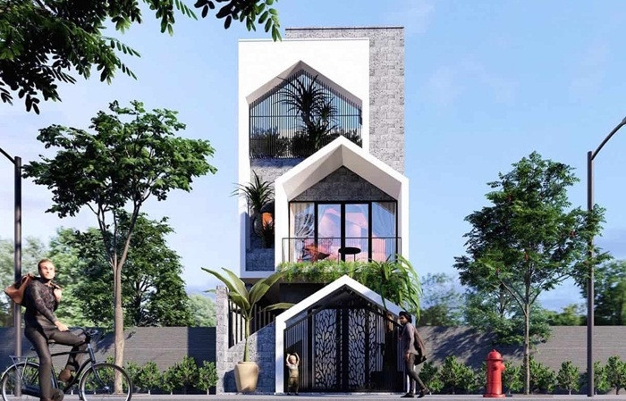 Mẫu nhà ống 2 tầng mặt tiền ngang 5m có thiết kế hiện đại với nhiều cây xanh cho không gian thoáng mát. Ảnh: Nhadep