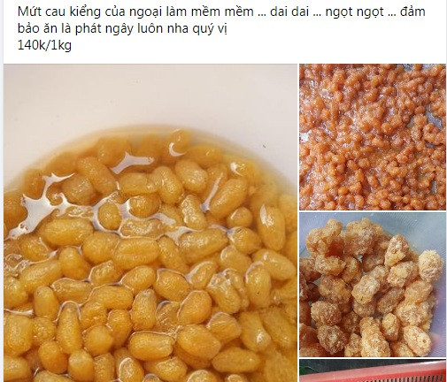 Trên chợ mạng, chỉ cần gõ "mứt cau kiểng", người dùng có thể tìm thấy hàng loạt những bài đăng bán với giá dao động từ 140.000 – 160.000 đồng/kg. Ảnh chụp màn hình