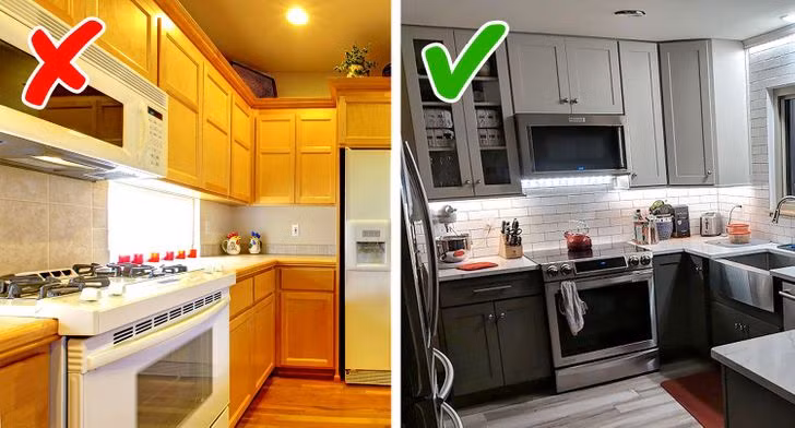 Một trong những sai lầm khi thiết kế nội thất phòng bếp là để trống không gian phía trên tủ bếp trên. Lý tưởng hơn, bạn nên làm tủ bếp cao kịch trần để gia tăng không gian lưu trữ, đồng thời tăng tính thẩm mỹ cho căn phòng. Không chỉ tạo cảm giác cao thoáng hơn, tủ bếp kịch trần còn giúp tiết kiệm thời gian dọn dẹp nhà bếp.