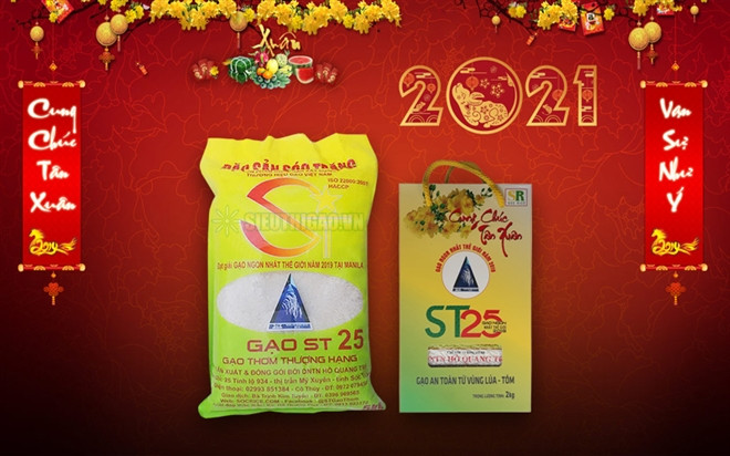 Mỗi hộp gạo ST25 (2kg) có giá bán 90.000 - 91.500 đồng. Khách hàng mua từ 10 hộp trở lên giá sẽ hạ hơn, còn khoảng 83.000 - 87.000 đồng/hộp (2kg). Ảnh: Sieuthigao