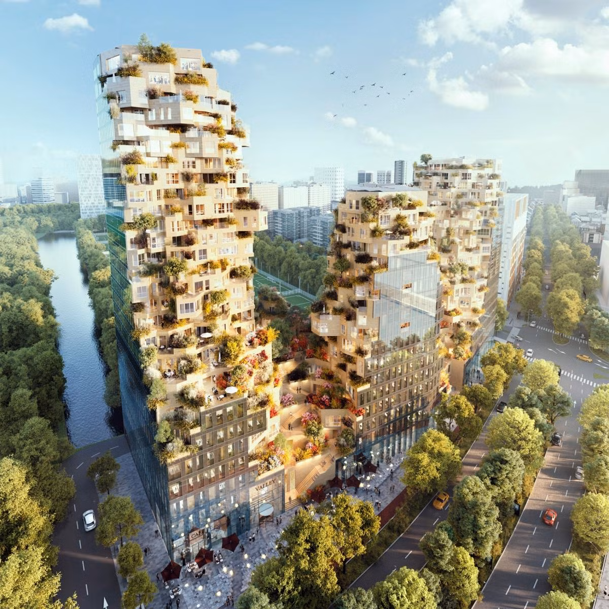Tòa nhà cao tầng hỗn hợp ở Rotterdam (Hà Lan) sẽ đi vào hoạt động năm 2021 với tên gọi Thung Lũng. Công trình bao gồm ba đỉnh núi, mỗi đỉnh đều có cây xanh và cửa sổ góc nhô ra từ mọi góc độ.