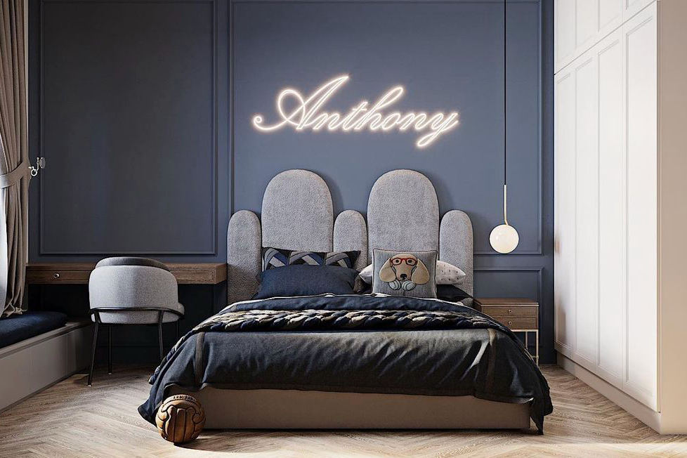 Phòng riêng của con trai tối giản với sắc xanh chủ đạo.