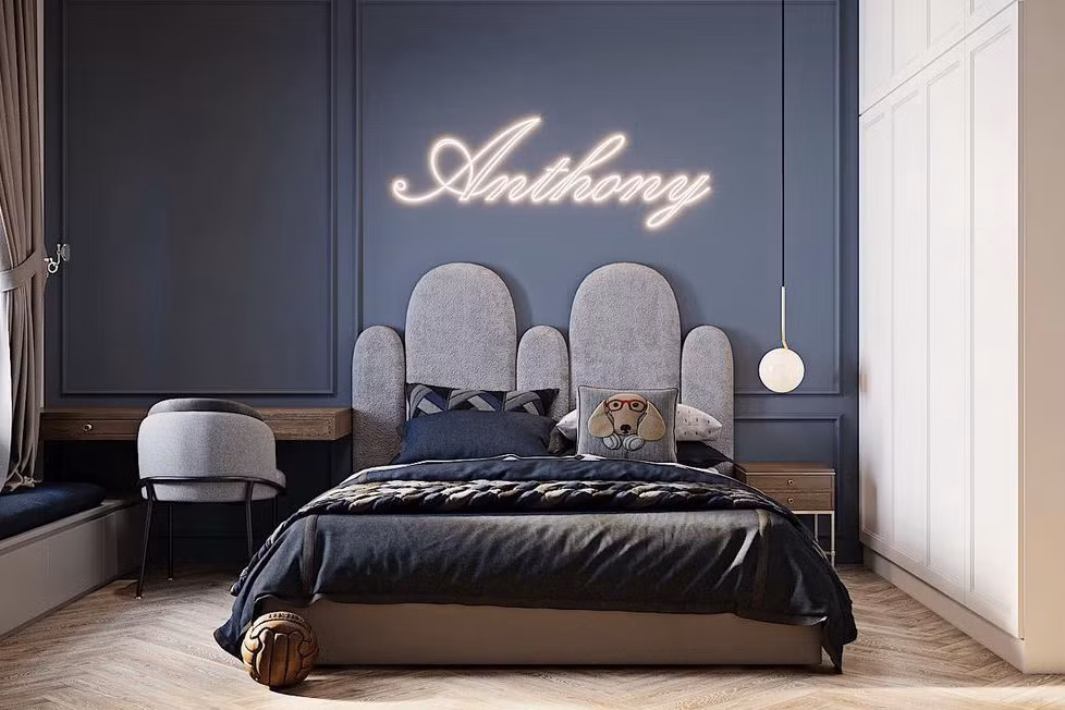 Phòng riêng của con trai tối giản với sắc xanh chủ đạo.