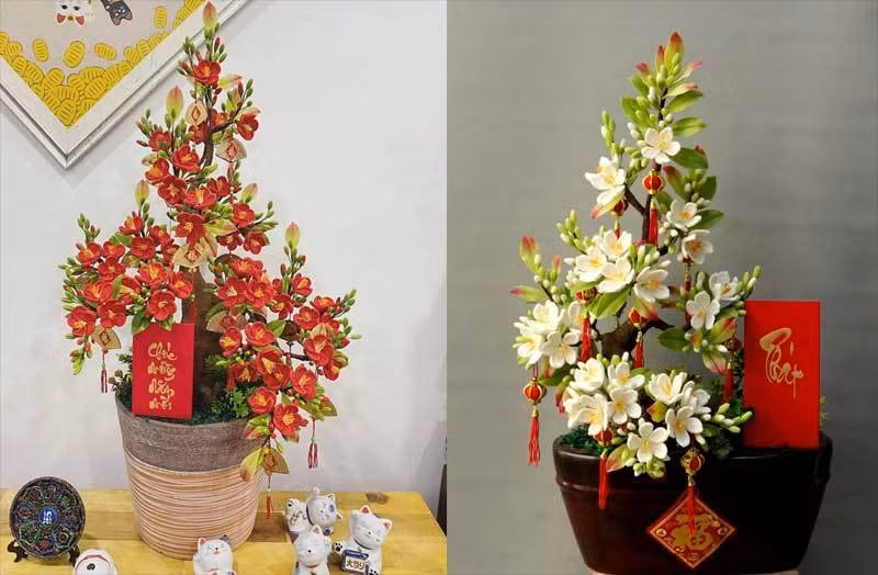 Dưới bàn tay khéo léo của nghệ nhân, những sợi len đa màu sắc biến hóa thành tác phẩm hoa đào, hoa mai nghệ thuật có giá tới cả chục triệu đồng. Ảnh: Vietnamnet.