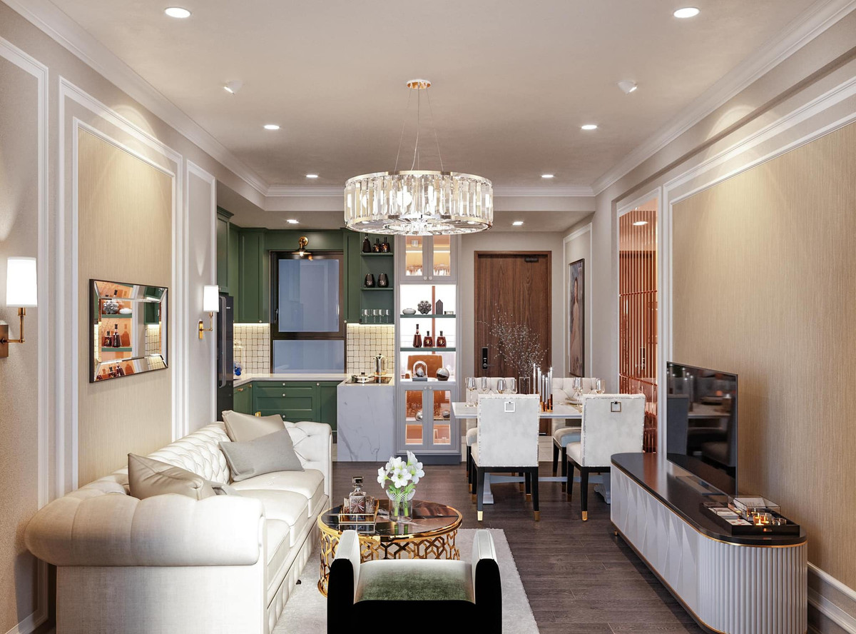 Phòng khách thông với phòng bếp tạo cảm giác rộng rãi, thông thoáng.