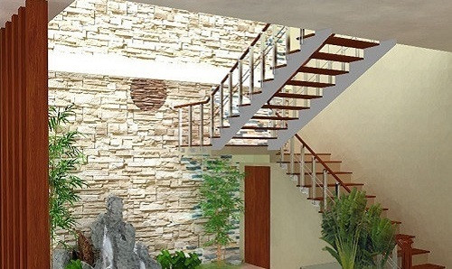 Gia chủ có thể bổ sung phần “tiêu âm” cho không gian giếng trời, bằng cách thiết kế tường sần nhám, ốp tường bằng gạch thẻ, gạch trần, tường đá tự nhiên… Nguồn ảnh: Internet