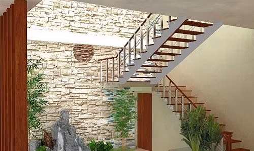 Gia chủ có thể bổ sung phần “tiêu âm” cho không gian giếng trời, bằng cách thiết kế tường sần nhám, ốp tường bằng gạch thẻ, gạch trần, tường đá tự nhiên… Nguồn ảnh: Internet