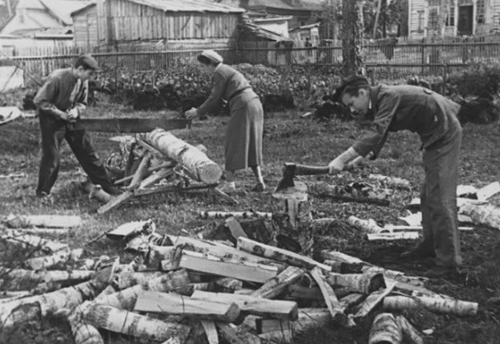 Người dân Liên Xô cắt xẻ gỗ năm 1942.