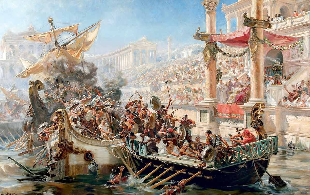 Theo các nhà nghiên cứu lịch sử, Naumachia - những trận hải chiến giả bắt đầu được tổ chức ở La Mã vào khoảng thế kỷ 1 trước Công nguyên và biến mất vào khoảng năm 96 sau Công nguyên.