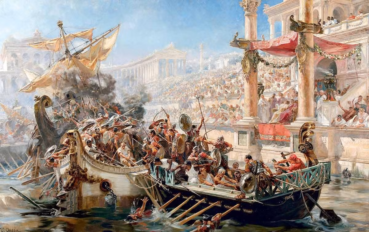 Theo các nhà nghiên cứu lịch sử, Naumachia - những trận hải chiến giả bắt đầu được tổ chức ở La Mã vào khoảng thế kỷ 1 trước Công nguyên và biến mất vào khoảng năm 96 sau Công nguyên.