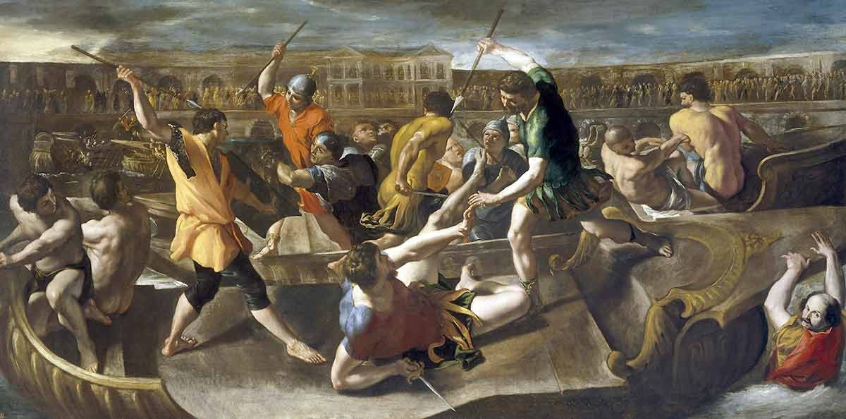 Giới thượng lưu tổ chức các trận hải chiến giả với quy mô lớn. Hàng trăm đấu sĩ cùng các tàu chiến, vũ khí... được sử dụng trong Naumachia. Các đấu sĩ chiến đấu và cố gắng tiêu diệt đối thủ để giành chiến thắng.